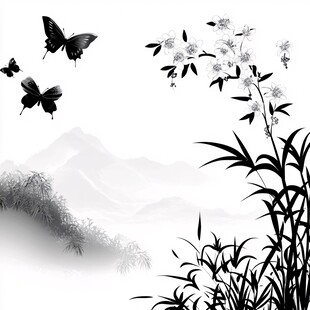 水墨蝴蝶花卉山水图景