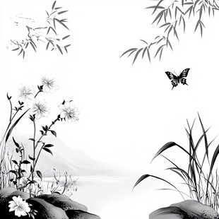 水墨花草间的蝶舞图景