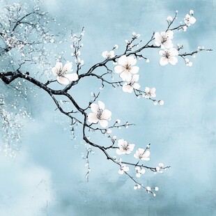 水墨风绽放的洁白花枝