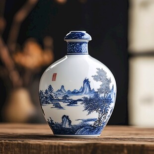青花山水纹瓷瓶古韵雅致
