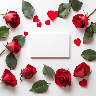 红玫瑰环绕的空白卡片