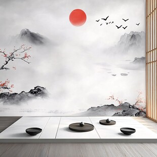中式山水意境茶室背景墙
