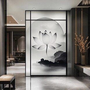 中式水墨莲花屏风玄关设计