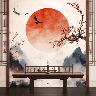 中式山水红日飞鸟意境图