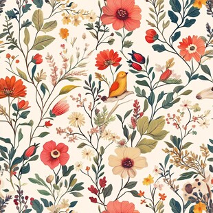 花卉小鸟图案的清新插画