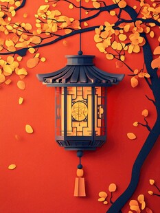 中式红灯笼挂于金秋树枝下