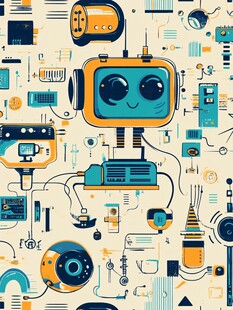 可爱机器人与科技元素插画