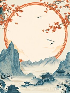 中式山水圆框古风美景
