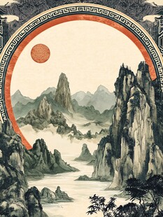 中式山水圆形古韵风景画