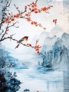 红梅栖鸟山水诗意画境
