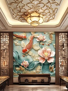 中式客厅锦鲤荷花背景墙