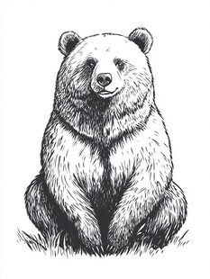 坐立的熊黑白插画
