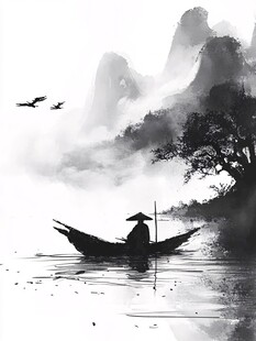 水墨孤舟垂钓山水间