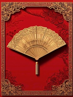 古典金扇 红底中式装饰图