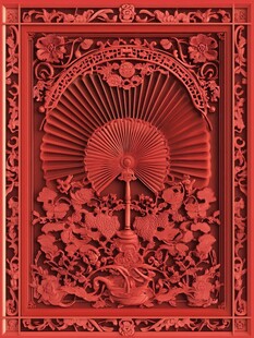 中式红雕扇景浮雕艺术
