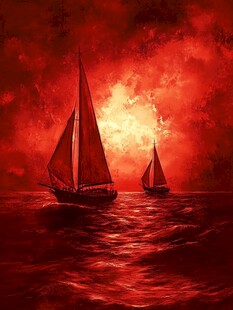 夕阳下的海上双帆船