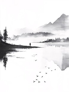 水墨山水间的独行者