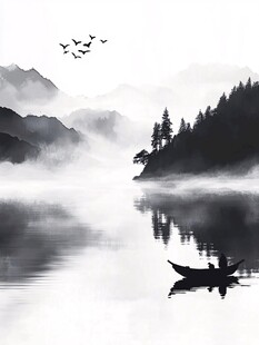 水墨山水间的独舟垂钓