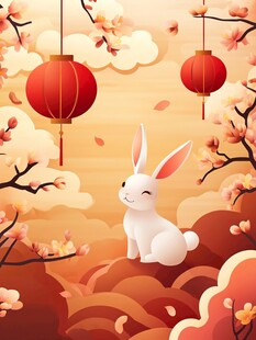 玉兔贺春 灯笼繁花相伴