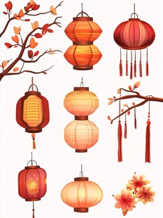 中式灯笼与花枝装饰图案