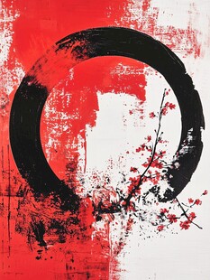 水墨红圈下的红梅绽放