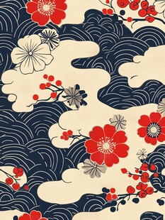 日式和风花卉海浪图案