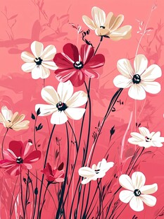 粉色背景中的多彩花卉