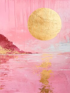 梦幻粉色海岸金色圆月