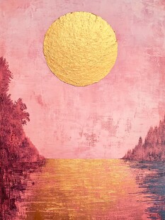 粉色湖畔的金色落日美景