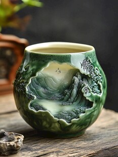 青釉山水浮雕陶瓷茶杯