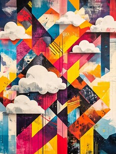 多彩几何背景中的云朵艺术
