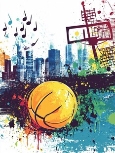 动感篮球与城市音乐插画