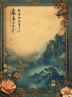 中式古风山水花卉边框图