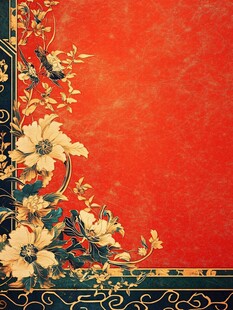 中式红底花卉复古装饰图