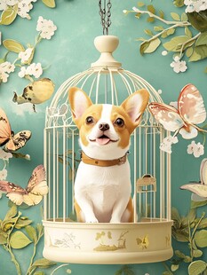 笼中萌犬与蝶花共舞
