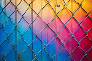 彩色渐变围栏上的金属网