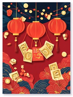 新春灯笼下的财富喜庆图