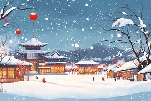 雪中日式小镇的浪漫景致