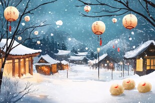 雪夜古村灯笼飘