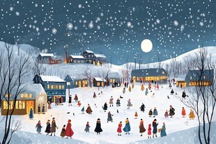 雪夜小镇的欢乐滑冰场景