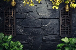 中式石墙配绿植灯笼景