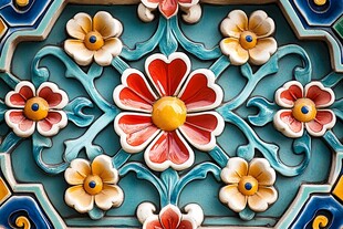 中式彩瓷花卉精美浮雕