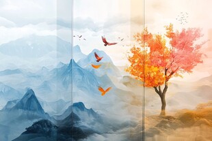 秋日山水飞鸟诗意图景