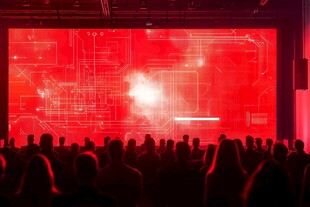 红色科技大屏前的观众