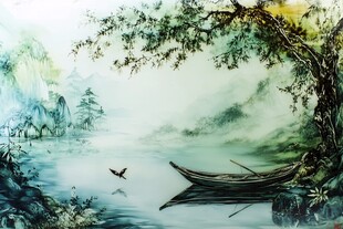 水墨湖景孤舟图