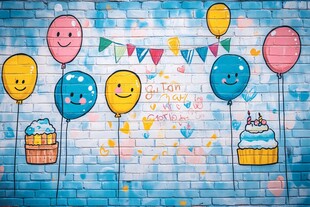 欢乐生日墙绘气球与蛋糕