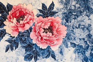 水墨风双朵娇艳牡丹花