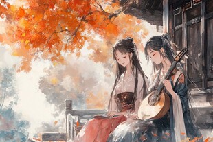 古风双姝倚栏抚琴赏秋景