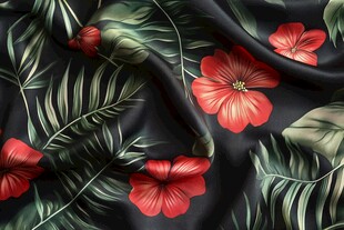黑色底花卉绿叶丝绸图案