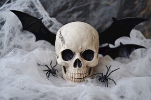 骷髅配蝙蝠营造恐怖氛围